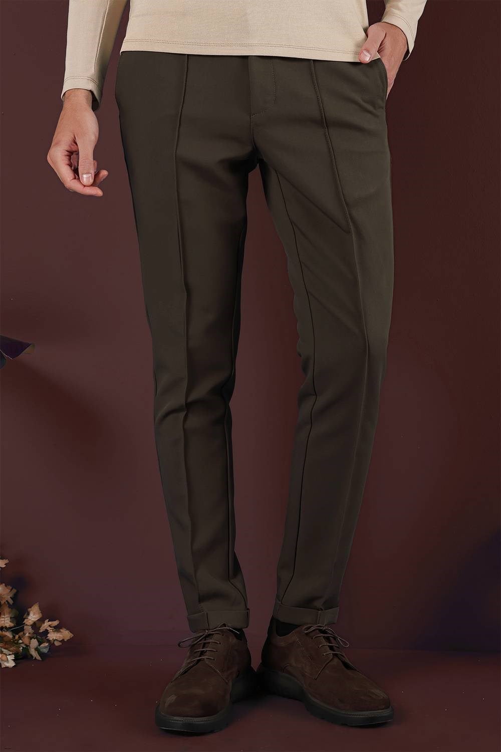 Slim Fit Beli Lastikli Önden Pens Detaylı Esnek Pamuklu Haki Pantolon P 1130