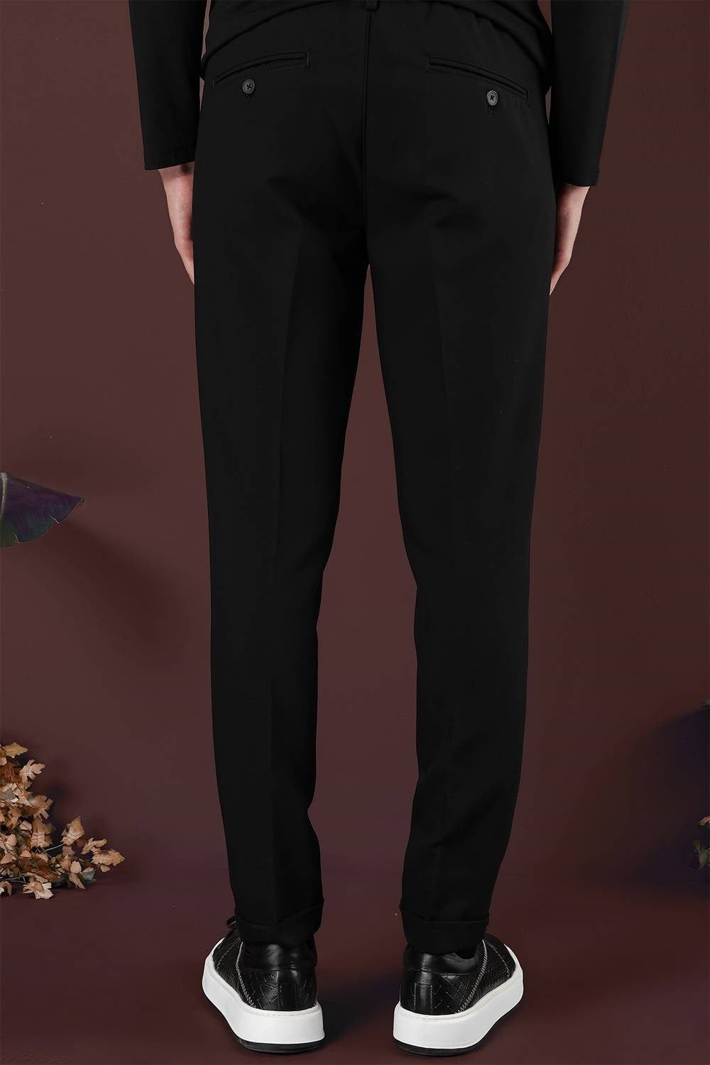 Slim Fit Beli Lastikli Önden Pens Detaylı Esnek Pamuklu Siyah Pantolon P 1130