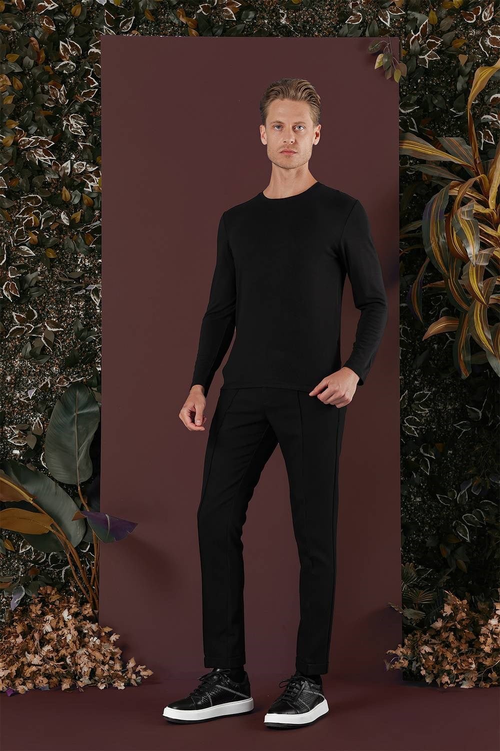 Slim Fit Beli Lastikli Önden Pens Detaylı Esnek Pamuklu Siyah Pantolon P 1130