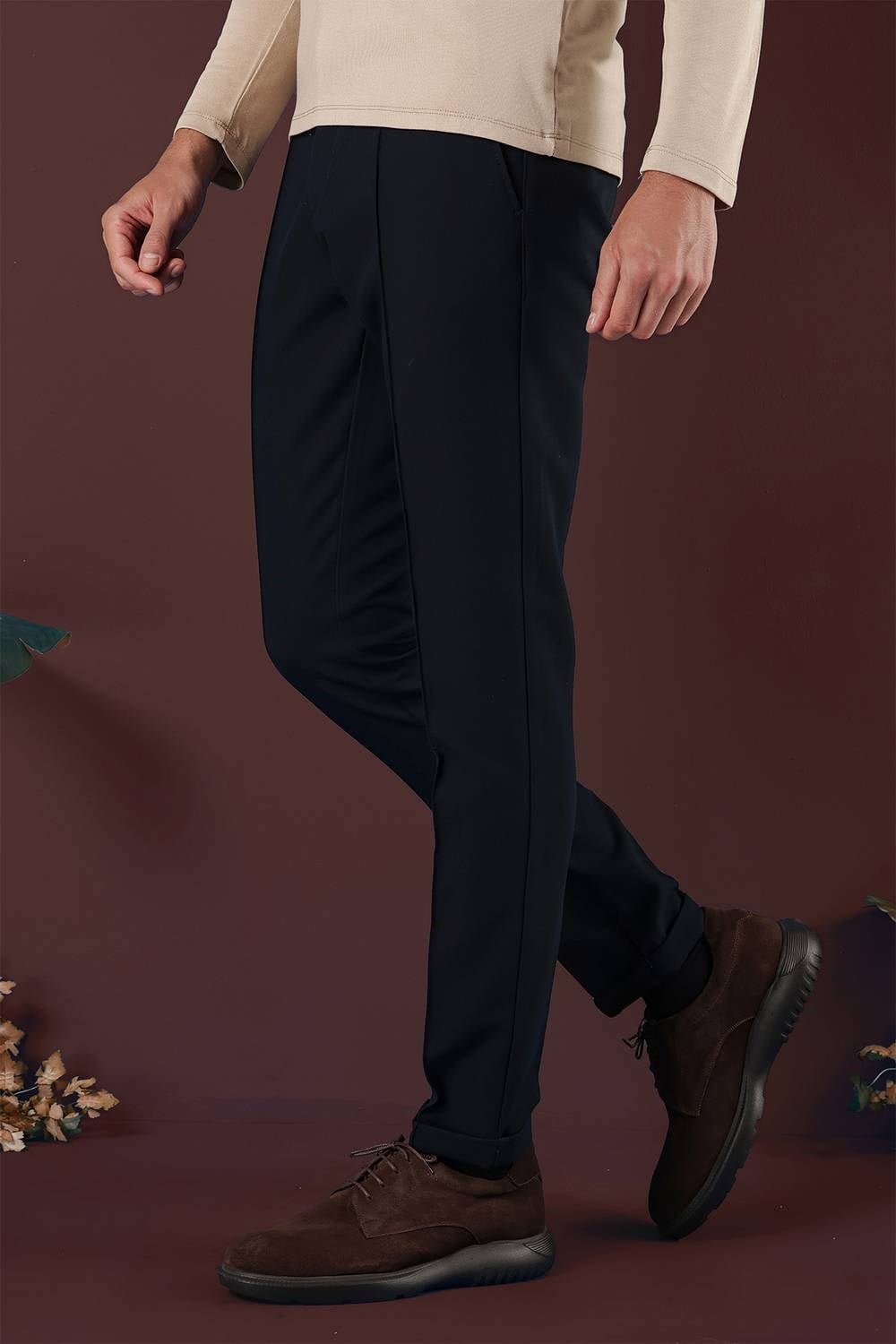 Slim Fit Beli Lastikli Önden Pens Detaylı Esnek Pamuklu Lacivert Pantolon P 1130