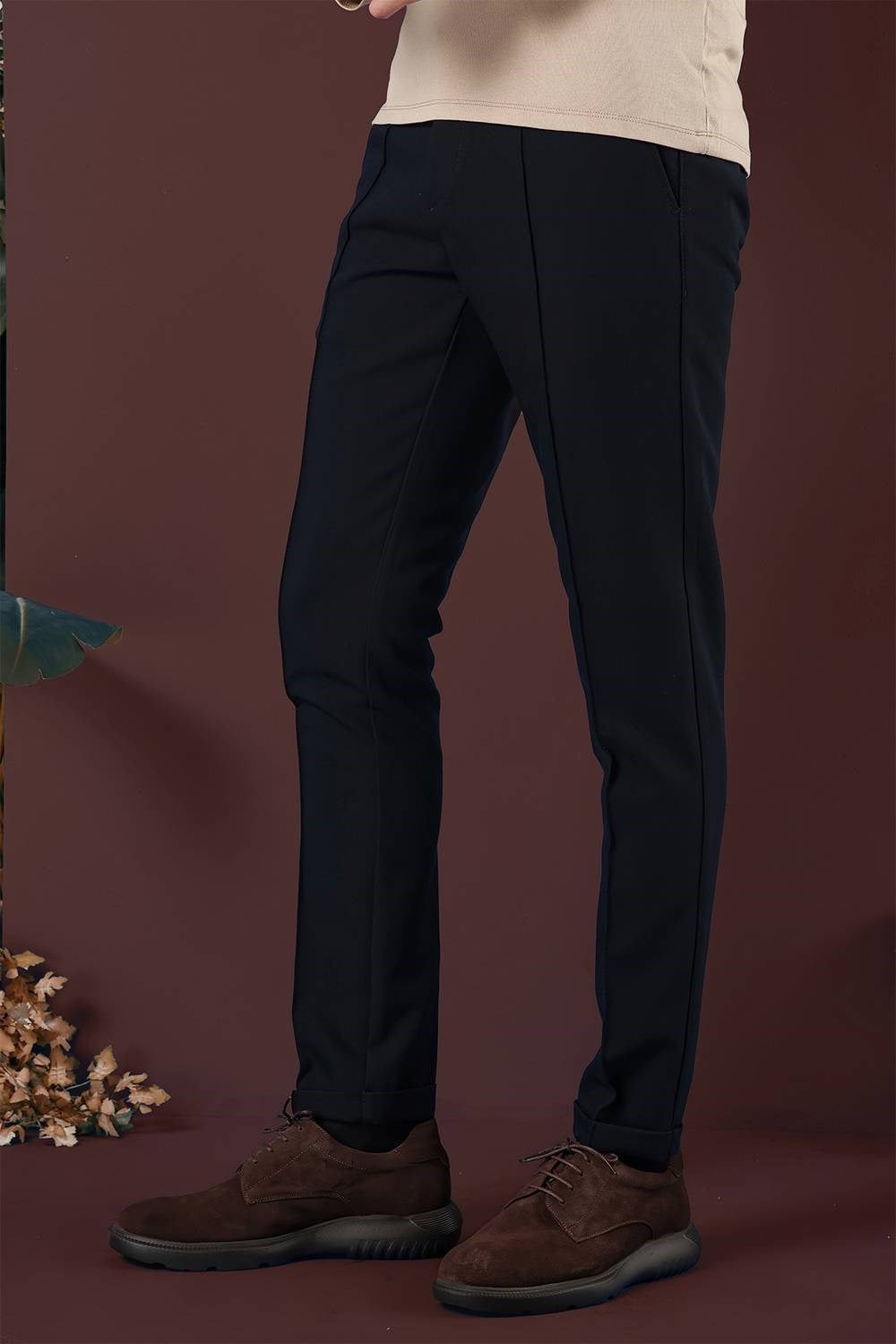 Slim Fit Beli Lastikli Önden Pens Detaylı Esnek Pamuklu Lacivert Pantolon P 1130