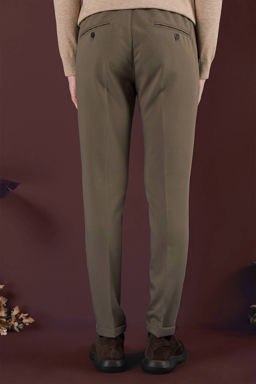 Slim Fit Beli Lastikli Önden Pens Detaylı Esnek Pamuklu Bej Pantolon P 1130