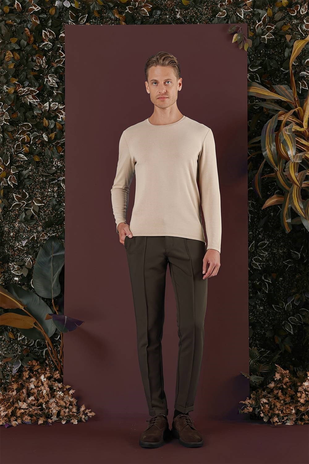 Slim Fit Beli Lastikli Önden Pens Detaylı Esnek Pamuklu Haki Pantolon P 1130