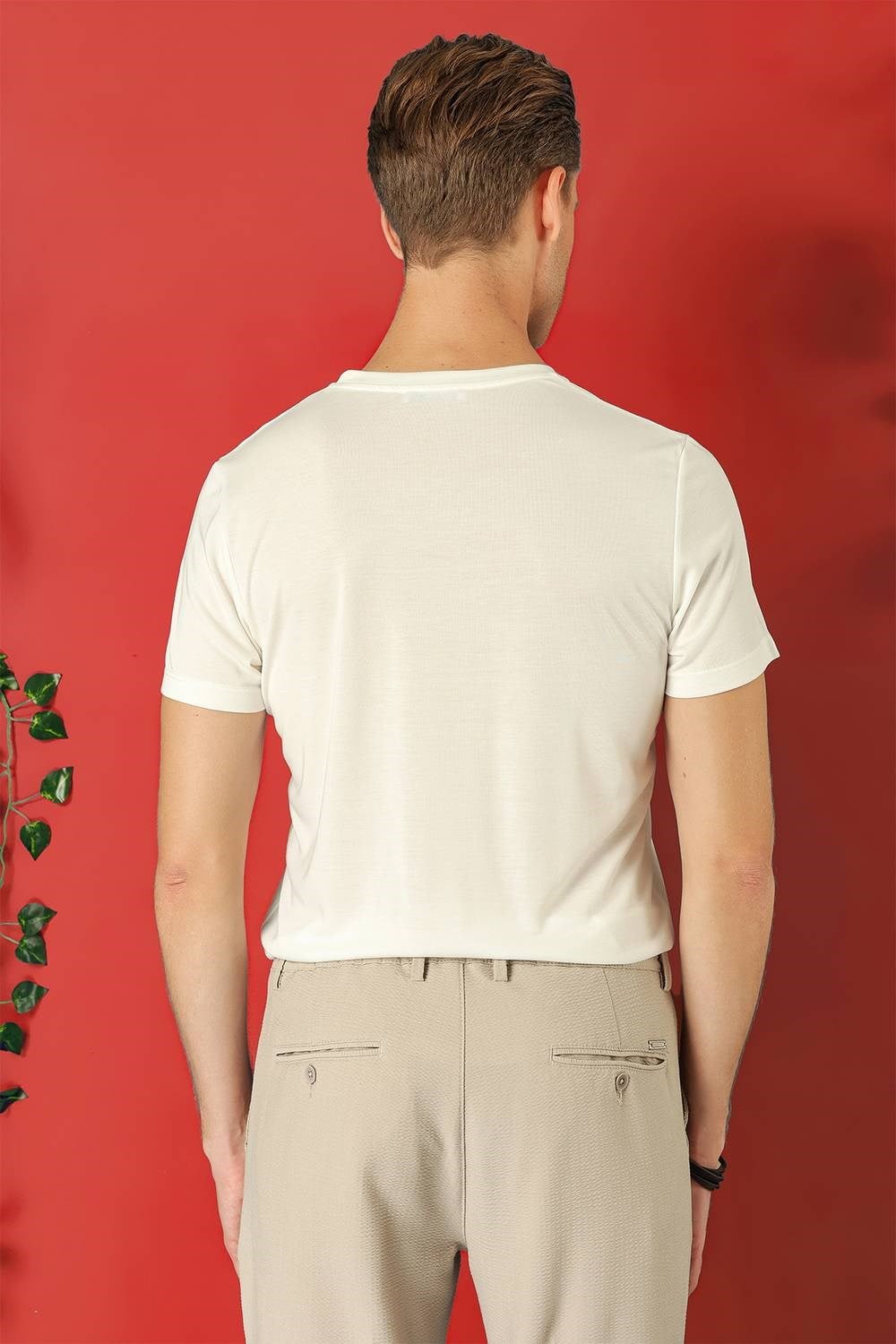 Slim Fit Bisiklet Yaka %100 Pamuk Ekru Tişört Ts 878