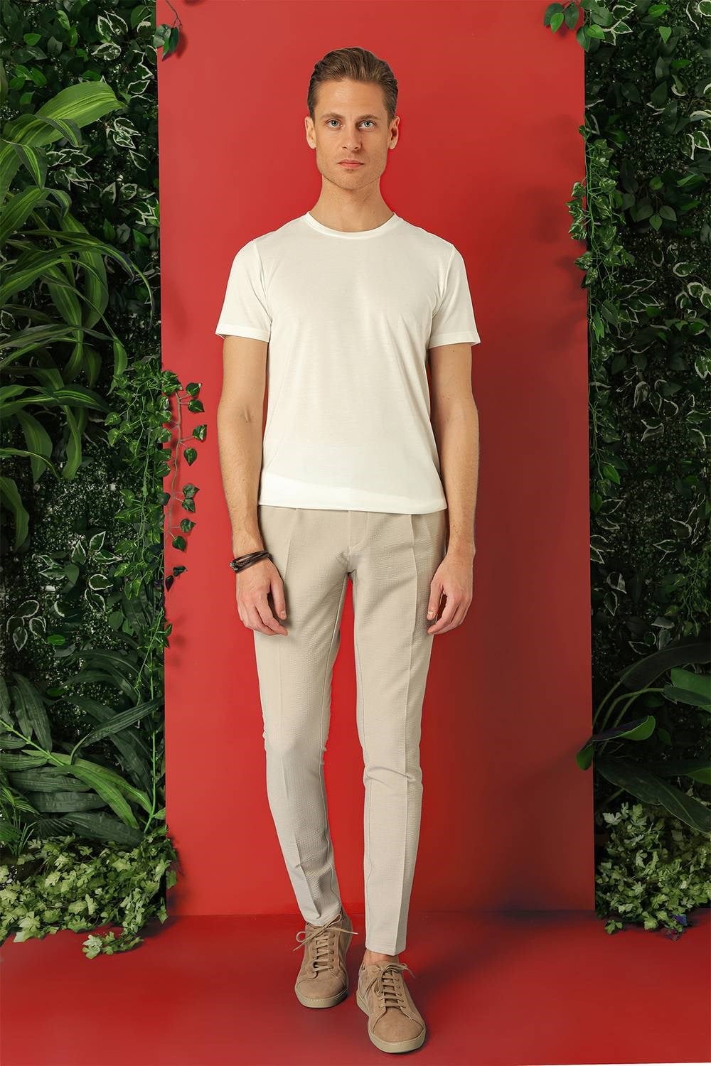 Slim Fit Bisiklet Yaka %100 Pamuk Ekru Tişört Ts 878