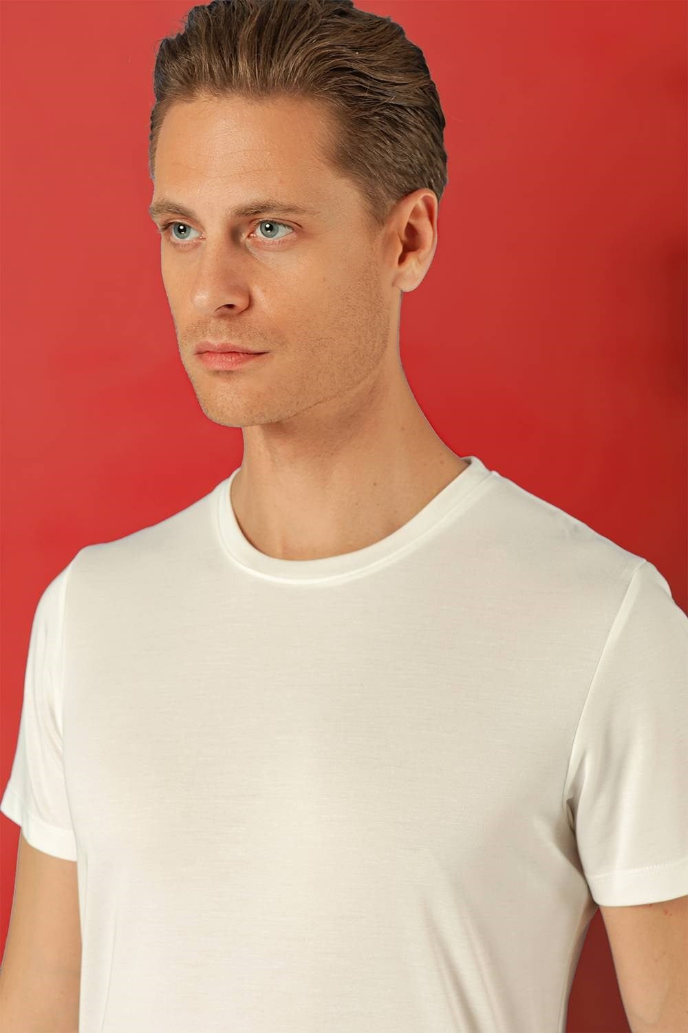 Slim Fit Bisiklet Yaka %100 Pamuk Ekru Tişört Ts 878