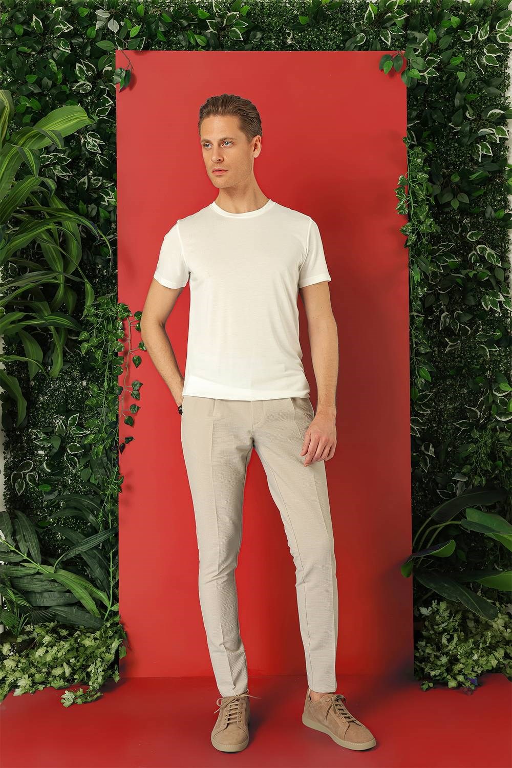 Slim Fit Bisiklet Yaka %100 Pamuk Ekru Tişört Ts 878