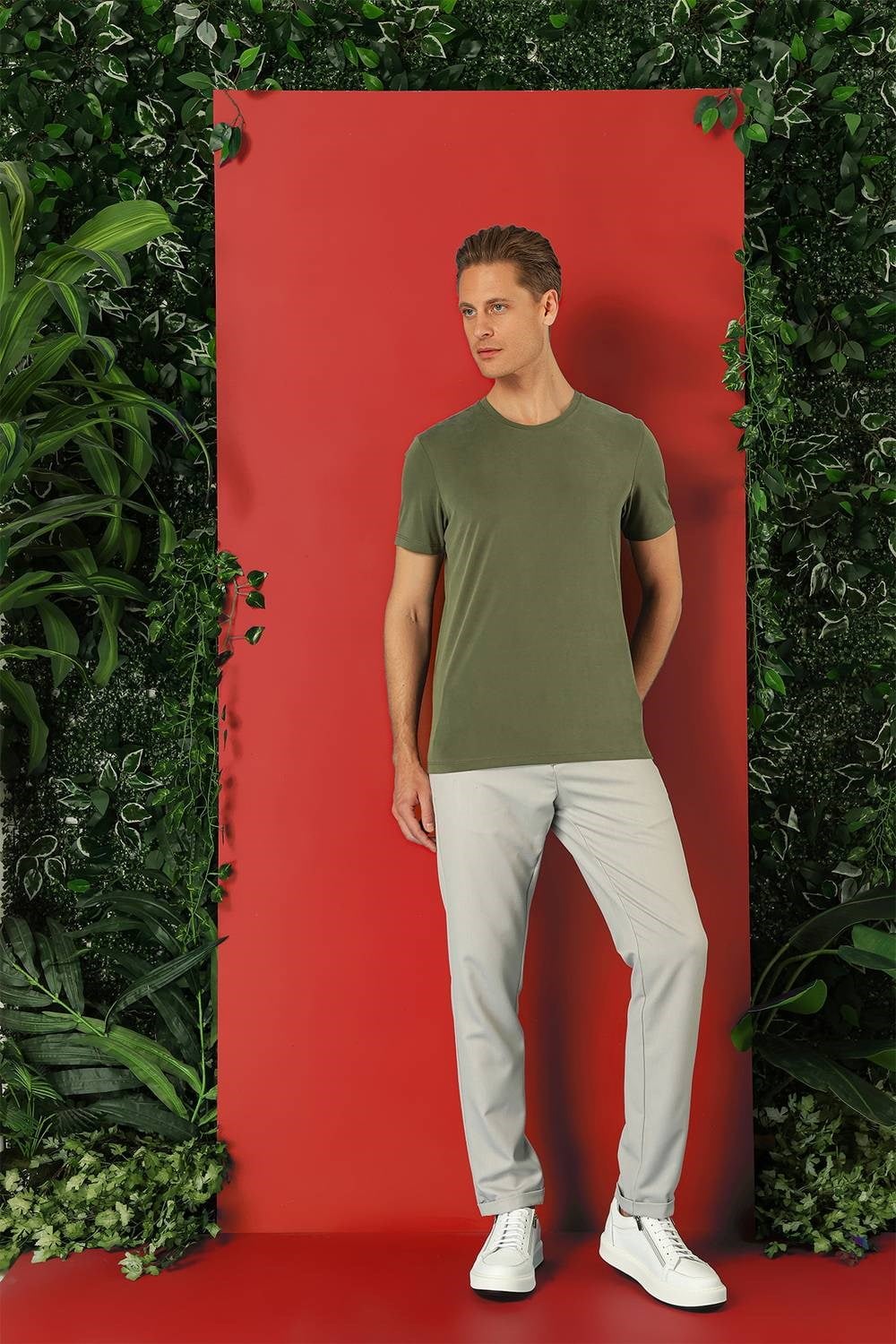 Slim Fit Bisiklet Yaka %100 Pamuk Haki Tişört Ts 878