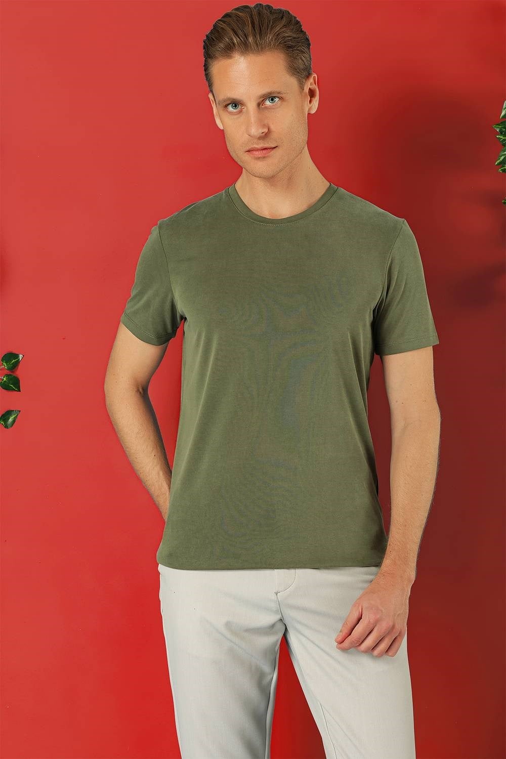 Slim Fit Bisiklet Yaka %100 Pamuk Haki Tişört Ts 878