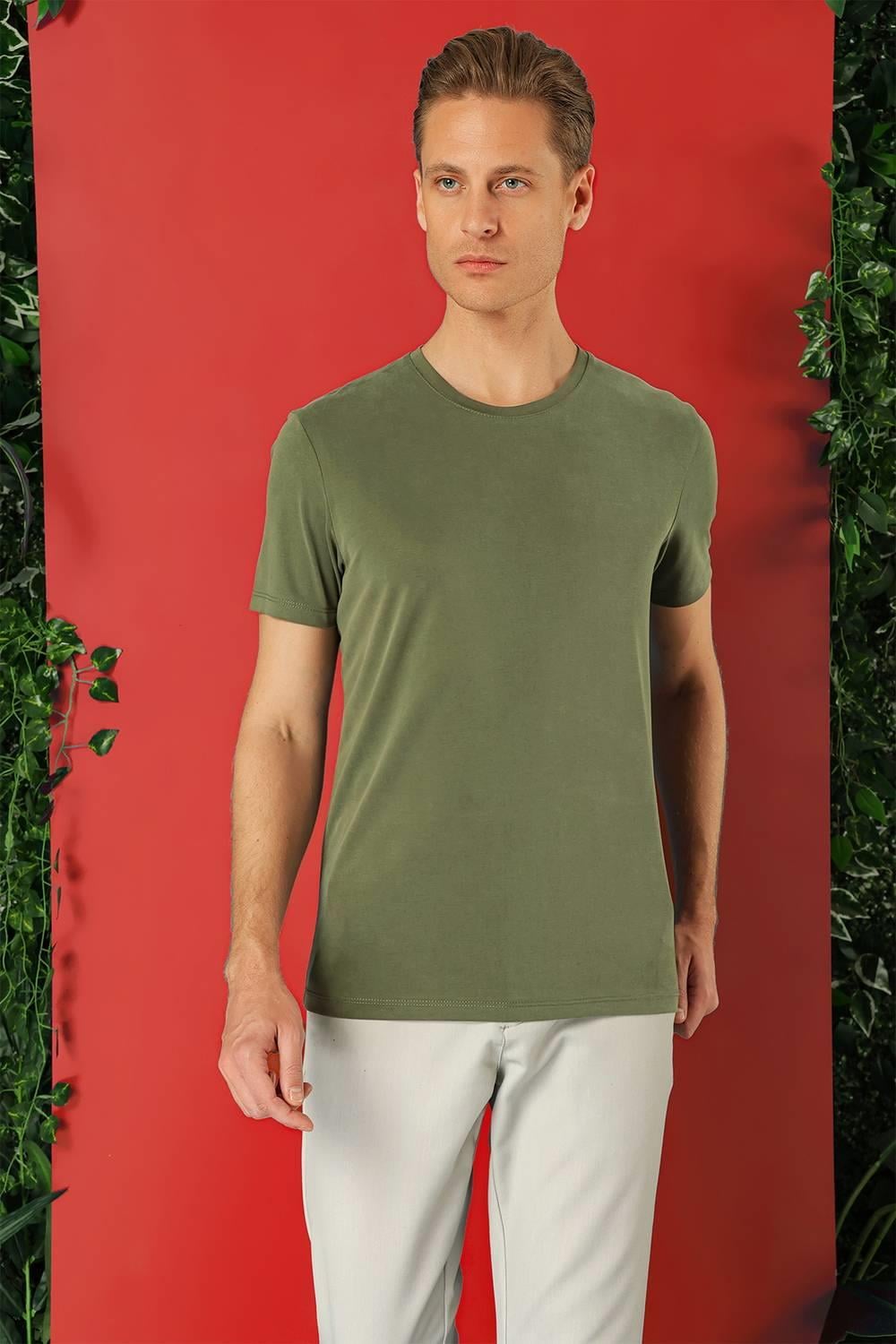 Slim Fit Bisiklet Yaka %100 Pamuk Haki Tişört Ts 878