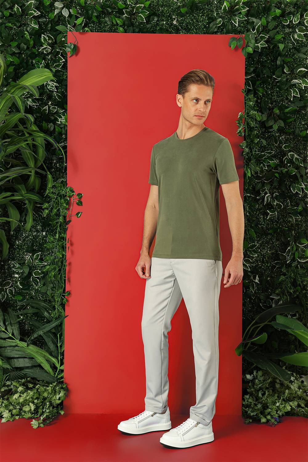 Slim Fit Bisiklet Yaka %100 Pamuk Haki Tişört Ts 878