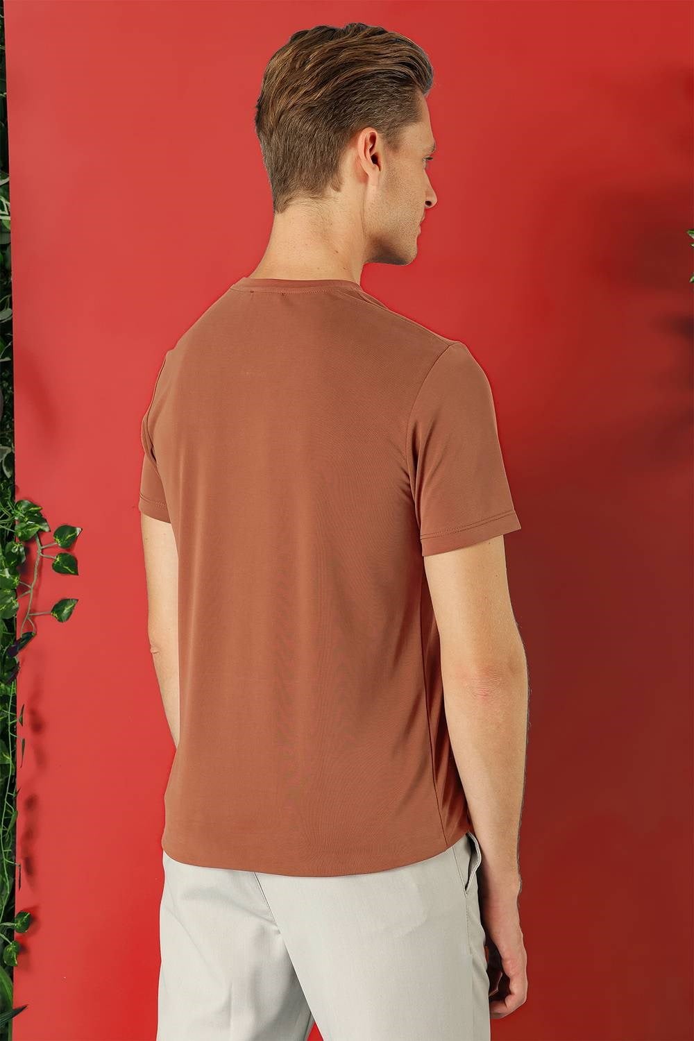 Slim Fit Bisiklet Yaka %100 Pamuk Kiremit Tişört Ts 878