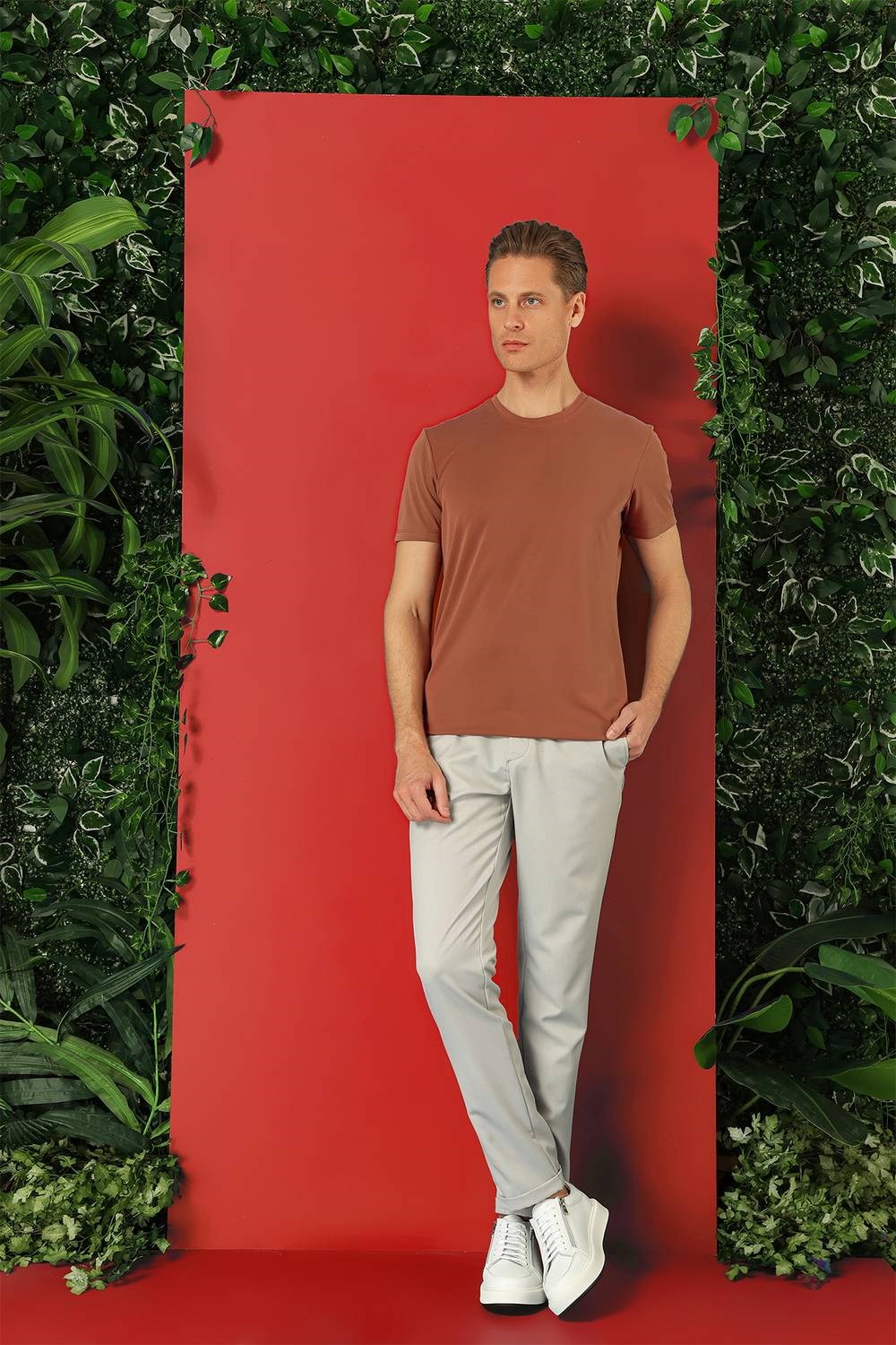 Slim Fit Bisiklet Yaka %100 Pamuk Kiremit Tişört Ts 878