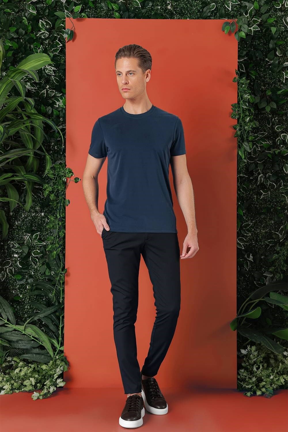 Slim Fit Bisiklet Yaka %100 Pamuk Lacivert Tişört Ts 878