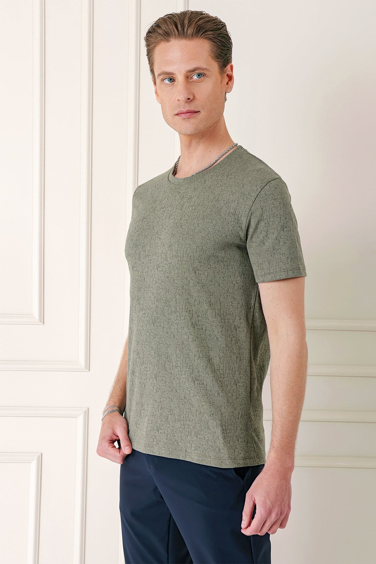 Slim Fit Bisiklet Yaka %100 Pamuk Sıva Dokuma Pamuklu Haki Tişört TS 882
