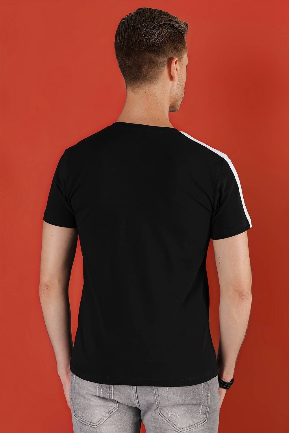Slim Fit Bisiklet Yaka Ayıcık Baskılı Pamuklu Siyah Tişört TS 855