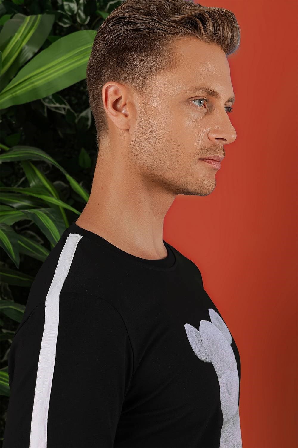 Slim Fit Bisiklet Yaka Ayıcık Baskılı Pamuklu Siyah Tişört TS 855