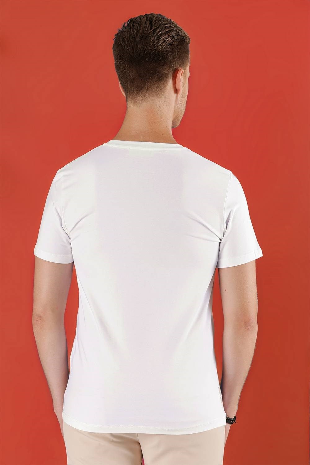 Slim Fit Bisiklet Yaka Baskılı Pamuklu Beyaz Tişört TS 856