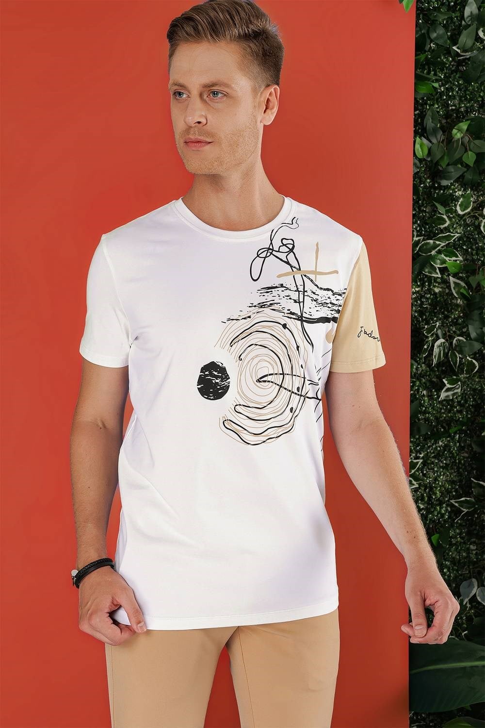 Slim Fit Bisiklet Yaka Baskılı Pamuklu Beyaz Tişört TS 858