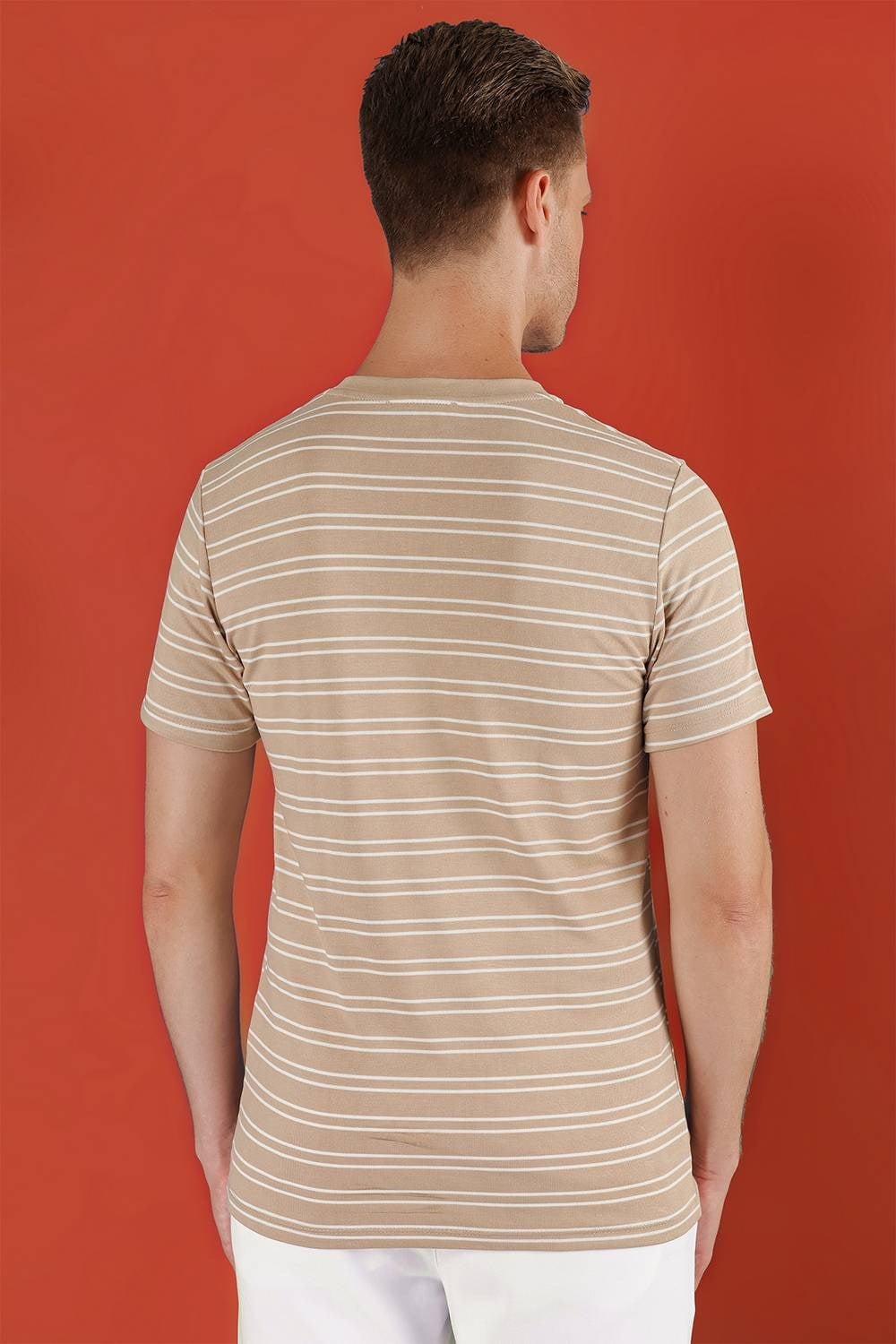 Slim Fit Bisiklet Yaka Çizgili Pamuklu Bej Tişört TS 851