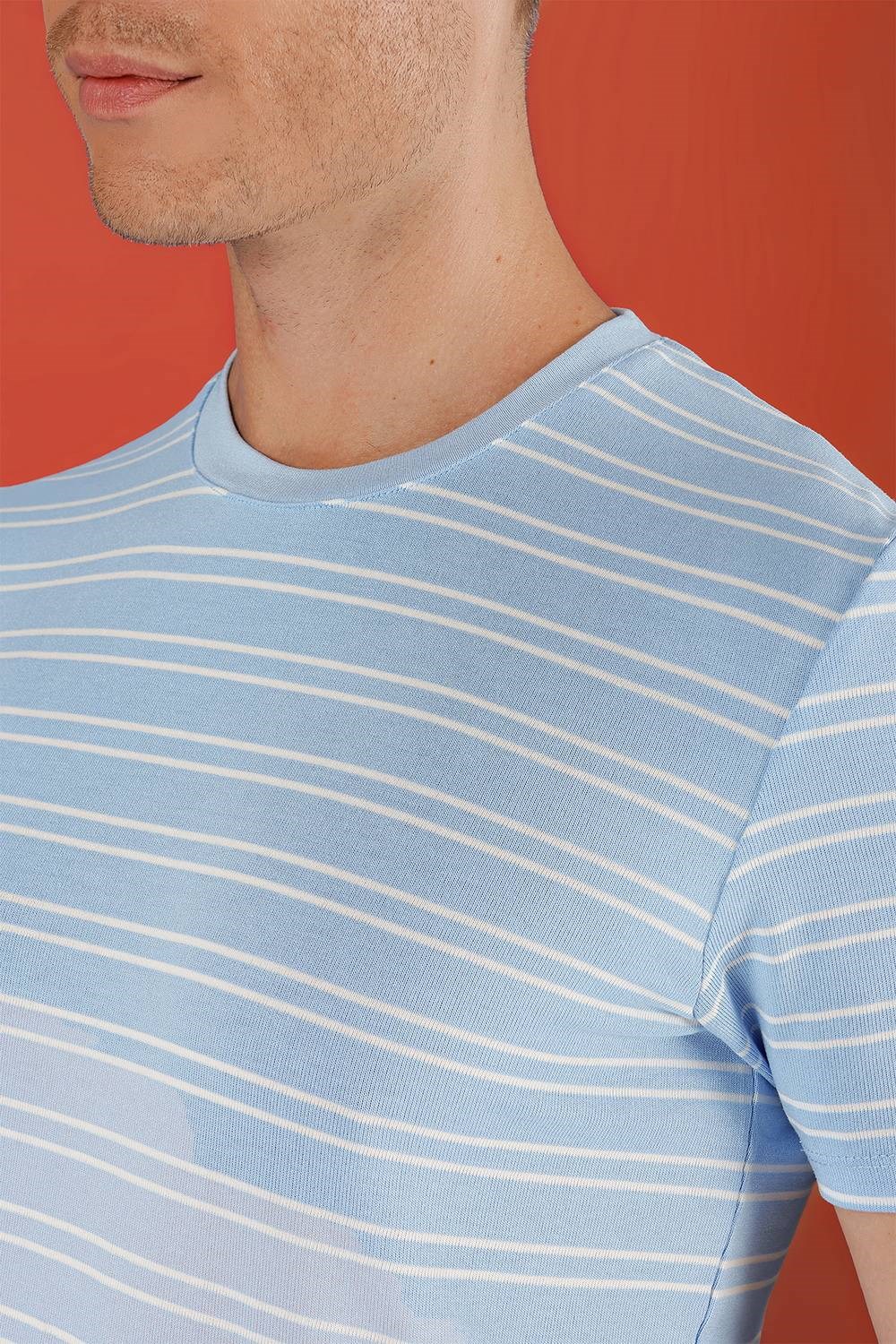Slim Fit Bisiklet Yaka Çizgili Pamuklu Mavi Tişört TS 851