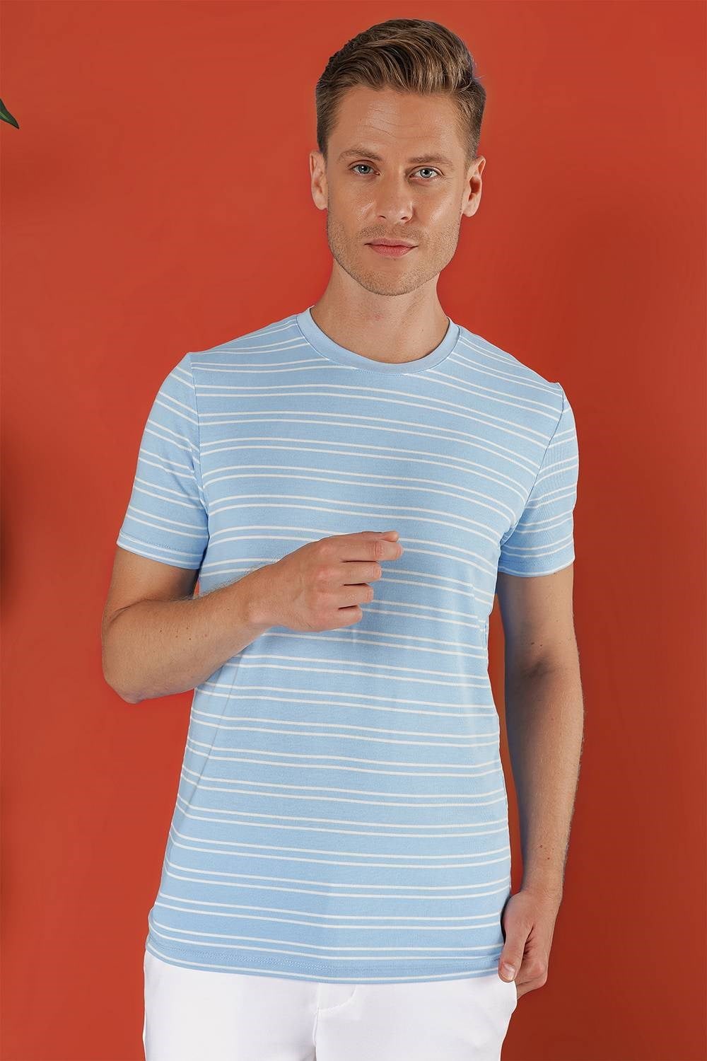Slim Fit Bisiklet Yaka Çizgili Pamuklu Mavi Tişört TS 851