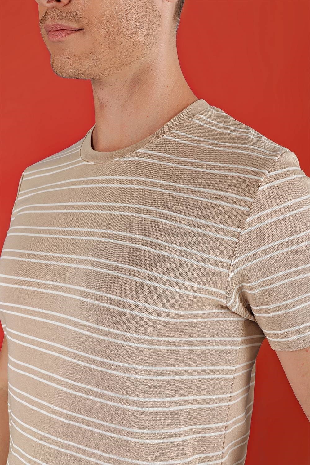 Slim Fit Bisiklet Yaka Çizgili Pamuklu Bej Tişört TS 851