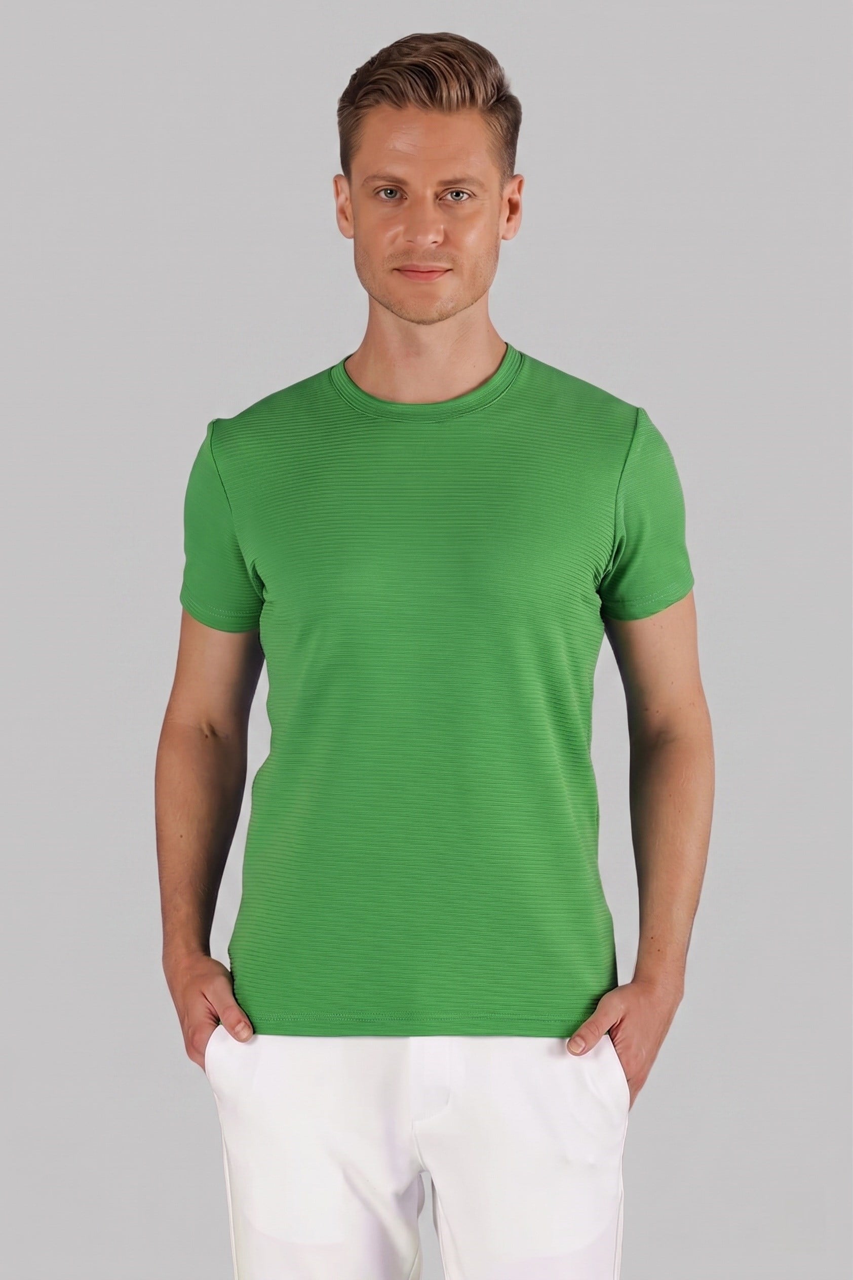 Slim Fit Bisiklet Yaka Doku Desenli Pamuklu Yeşil Tişört TS 852