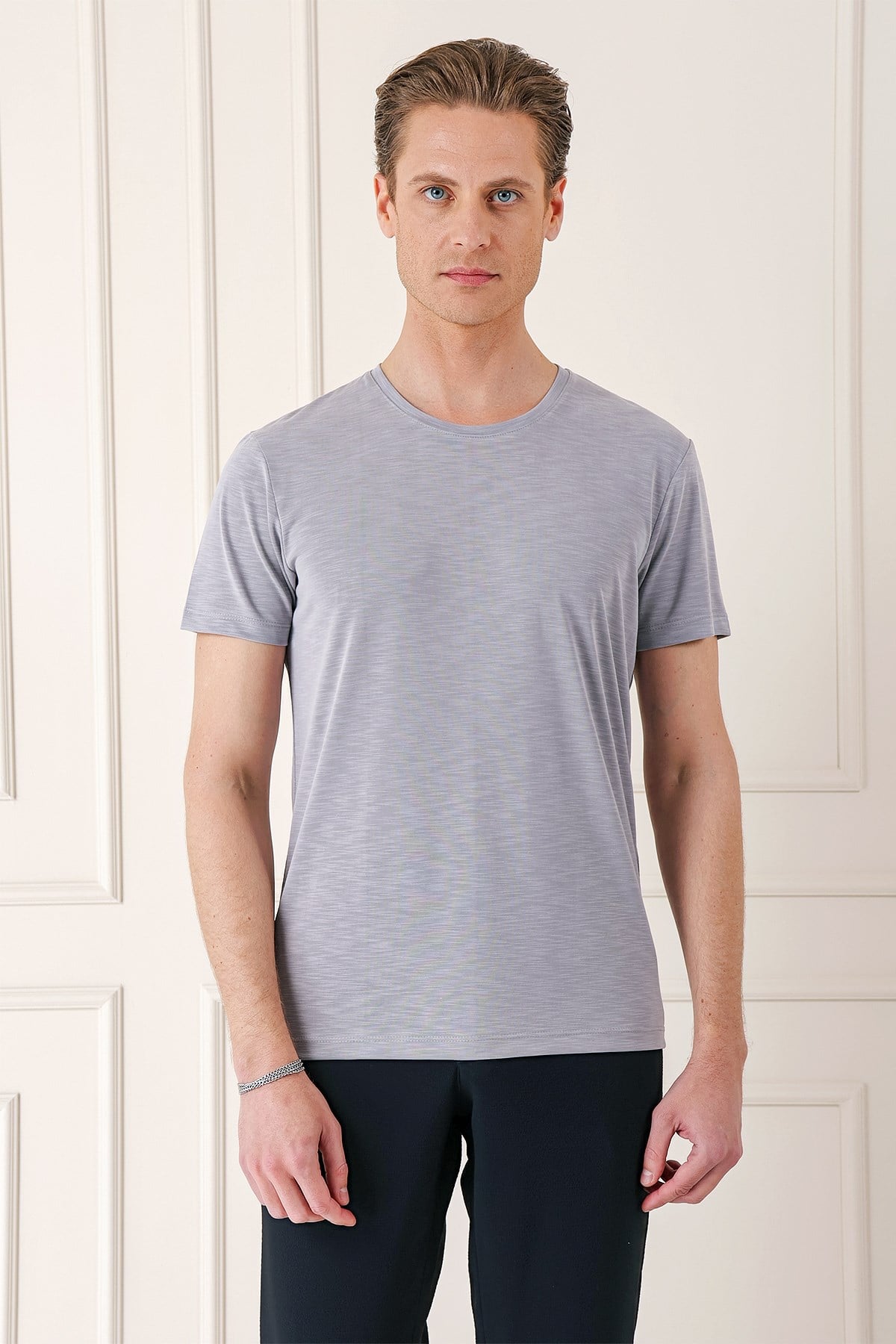 Slim Fit Bisiklet Yaka Doku Desenli Pamuklu Gri Tişört Ts 881
