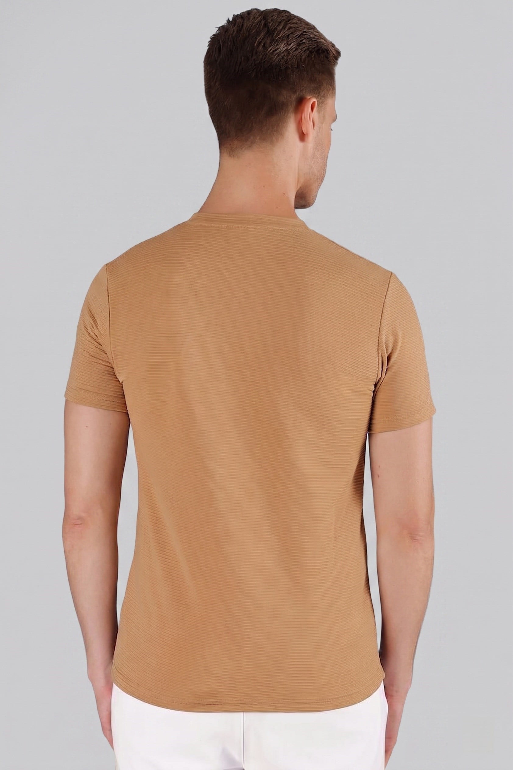 Slim Fit Bisiklet Yaka Doku Desenli Pamuklu Bej Tişört TS 852