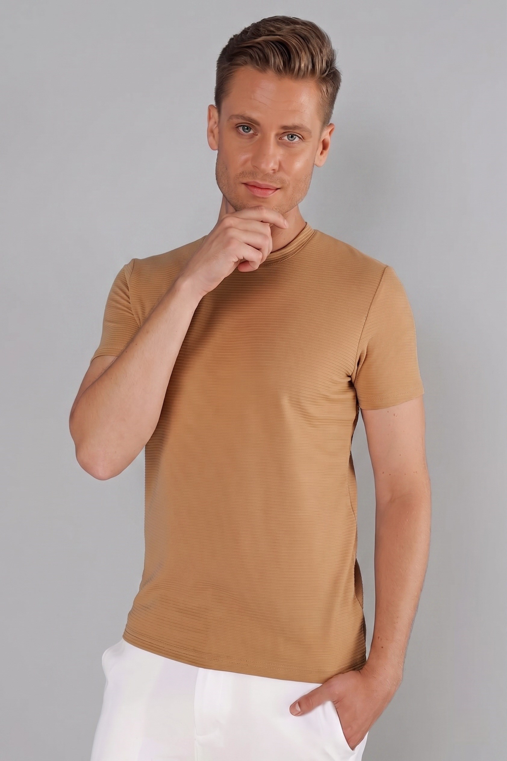 Slim Fit Bisiklet Yaka Doku Desenli Pamuklu Bej Tişört TS 852