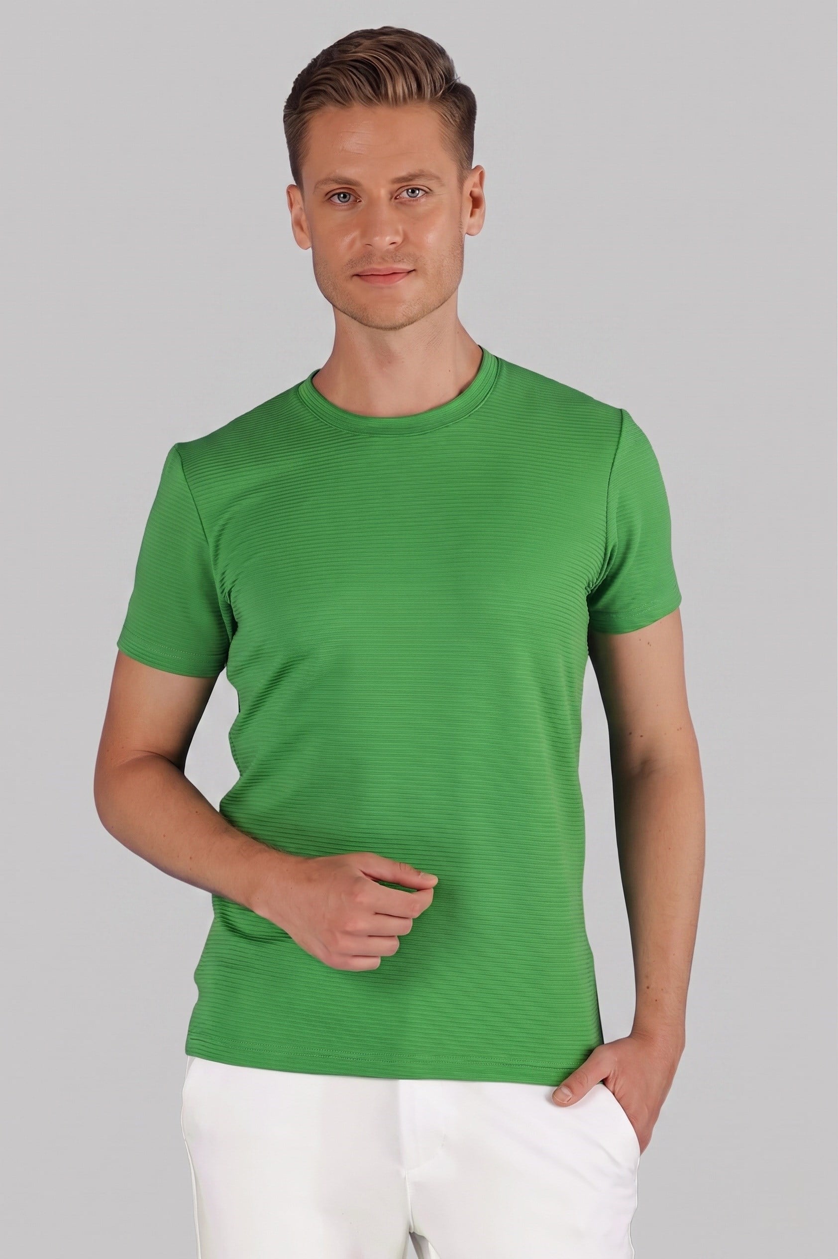 Slim Fit Bisiklet Yaka Doku Desenli Pamuklu Yeşil Tişört TS 852