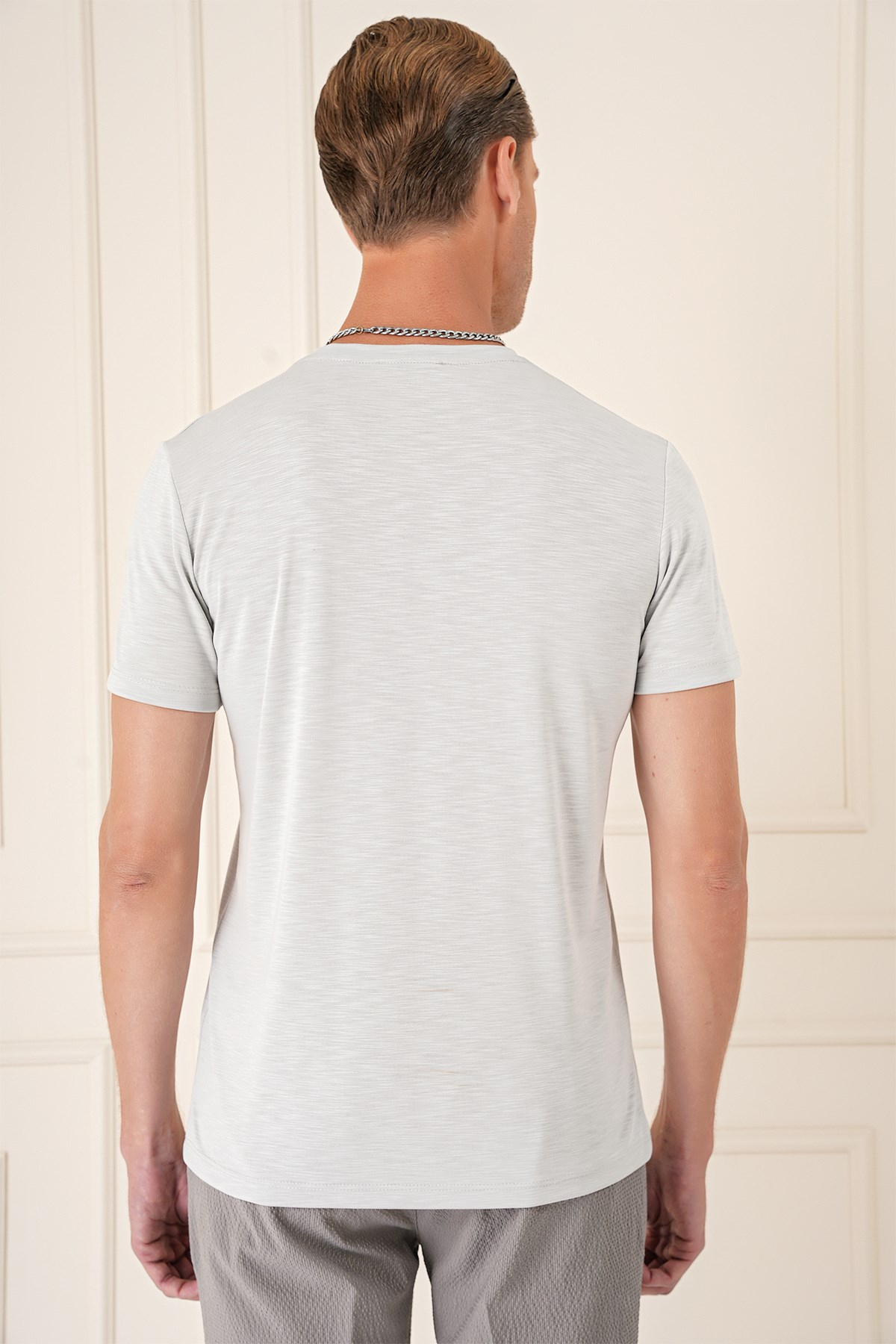 Slim Fit Bisiklet Yaka Doku Desenli Pamuklu Açık Gri Tişört Ts 881