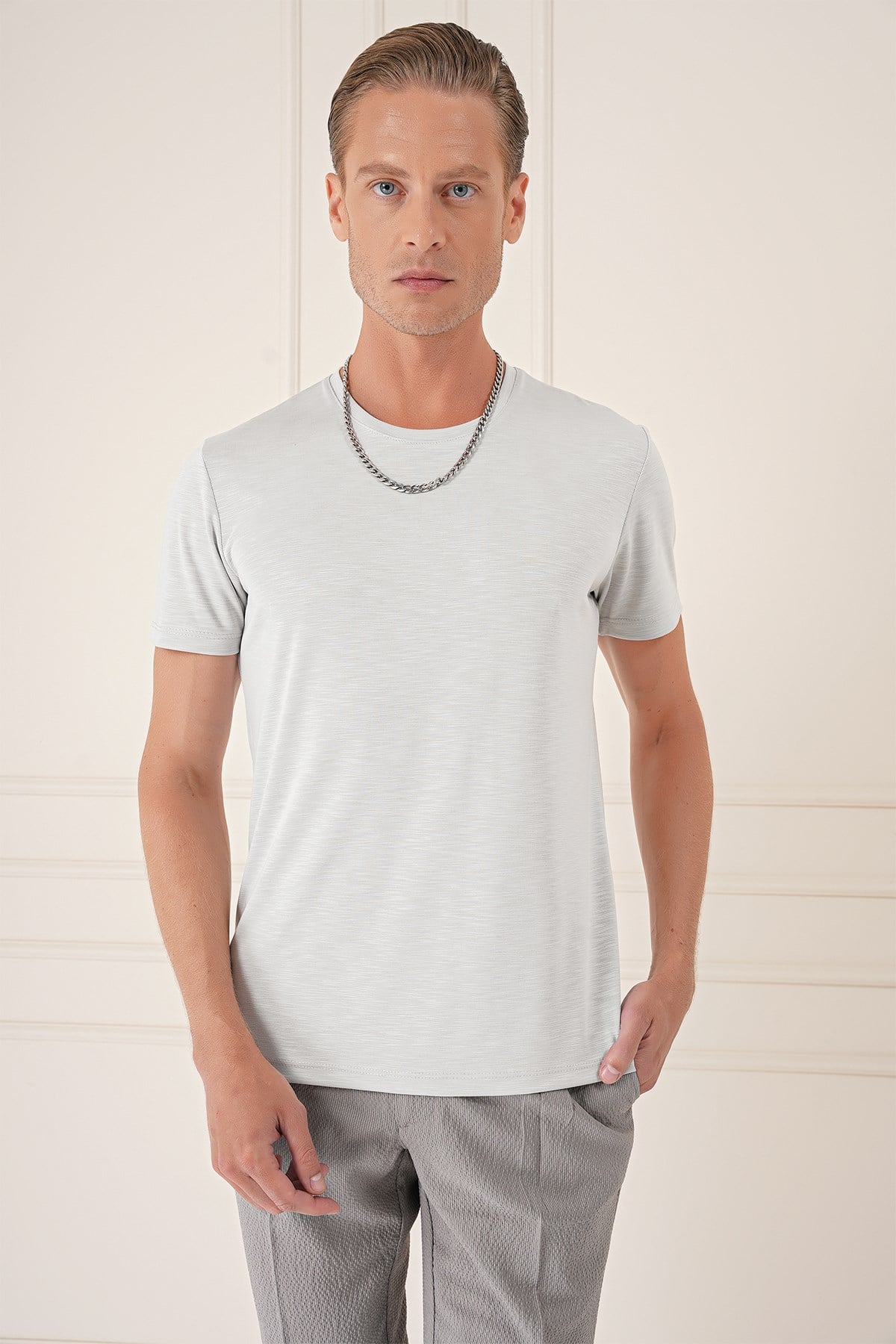 Slim Fit Bisiklet Yaka Doku Desenli Pamuklu Açık Gri Tişört Ts 881