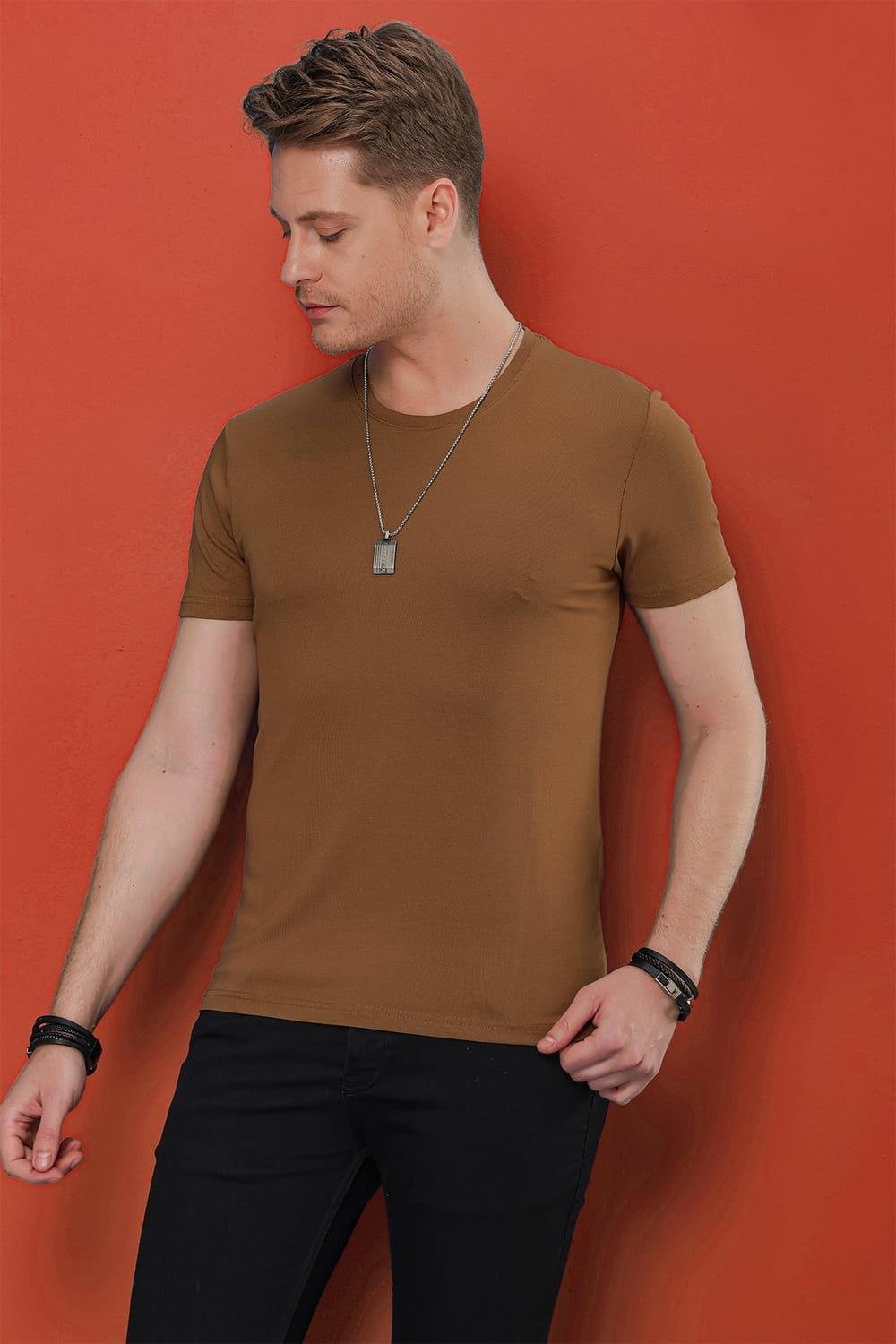 Slim Fit Bisiklet Yaka Düz Pamuklu Tarçın Tişört Ts 823
