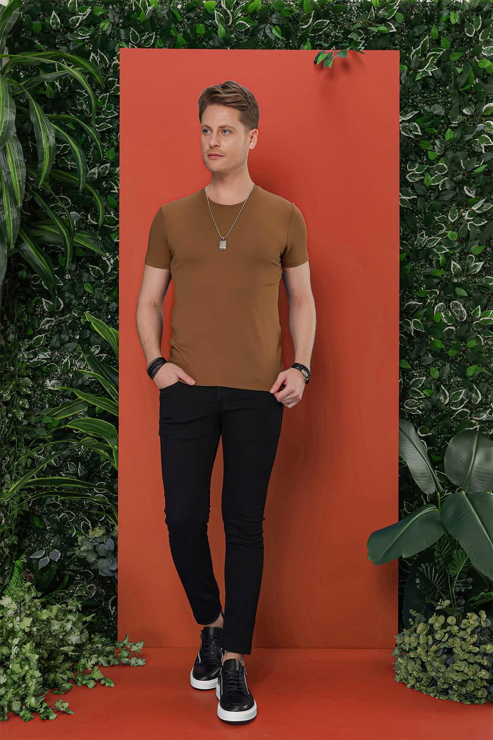 Slim Fit Bisiklet Yaka Düz Pamuklu Tarçın Tişört Ts 823