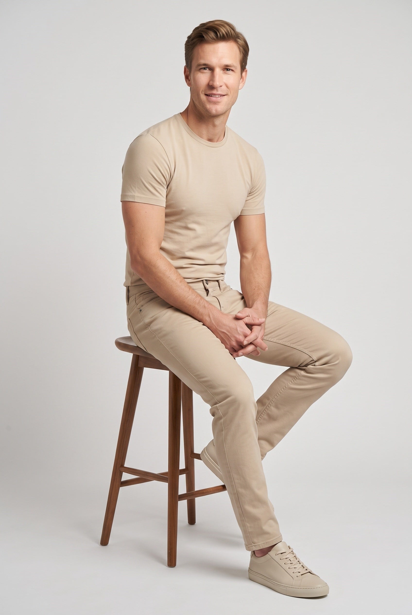 Slim Fit Bisiklet Yaka Esnek Pamuklu Düz Bej Tişört TS 823
