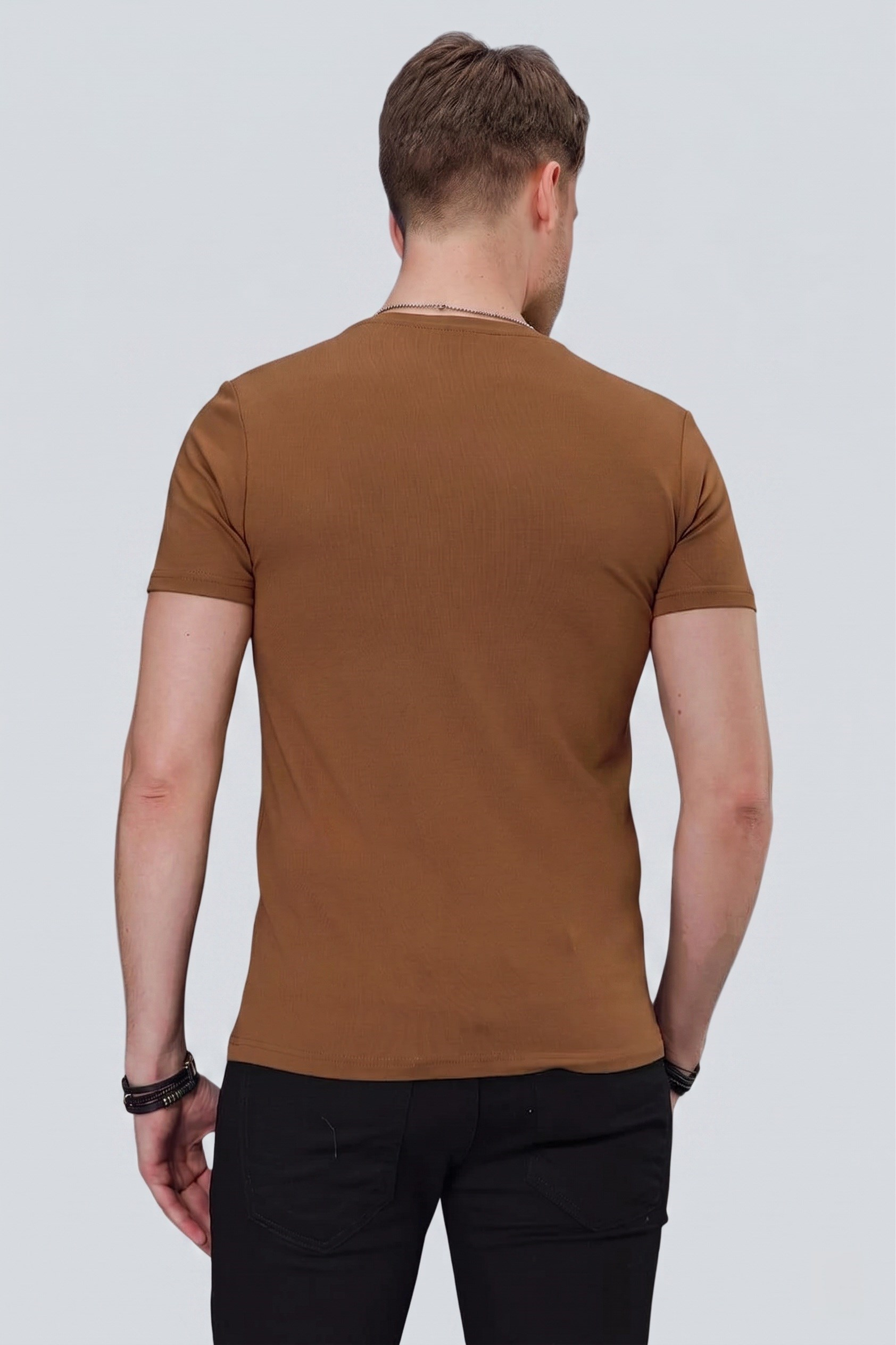 Slim Fit Bisiklet Yaka Esnek Pamuklu Düz Tarçın Tişört TS 823