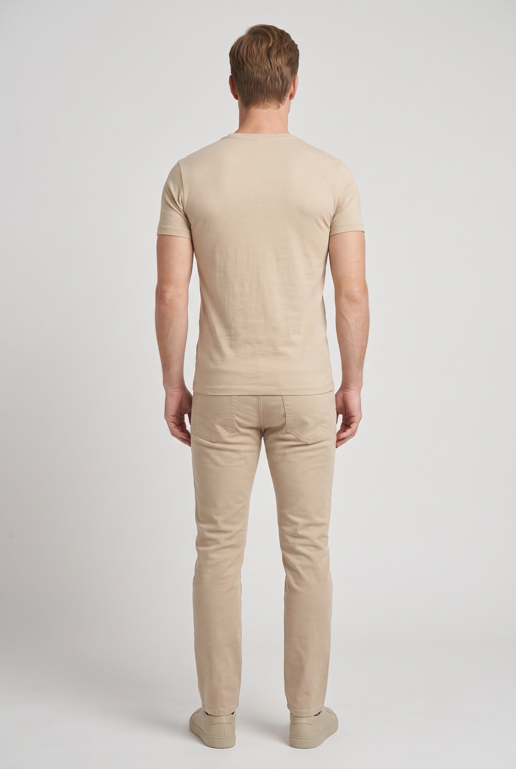 Slim Fit Bisiklet Yaka Esnek Pamuklu Düz Bej Tişört TS 823