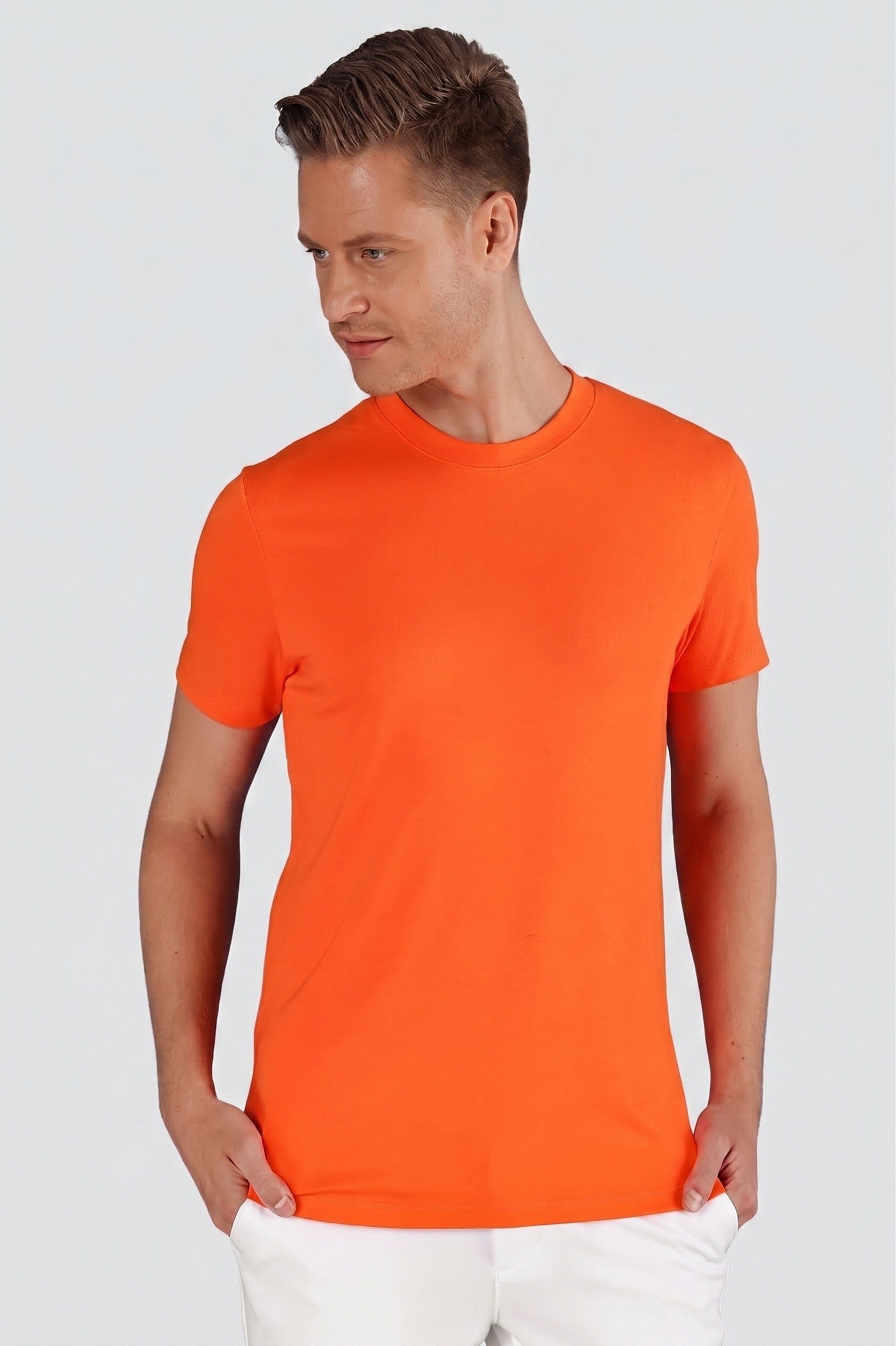 Slim Fit Bisiklet Yaka Esnek Pamuklu Düz Oranj Tişört TS 823