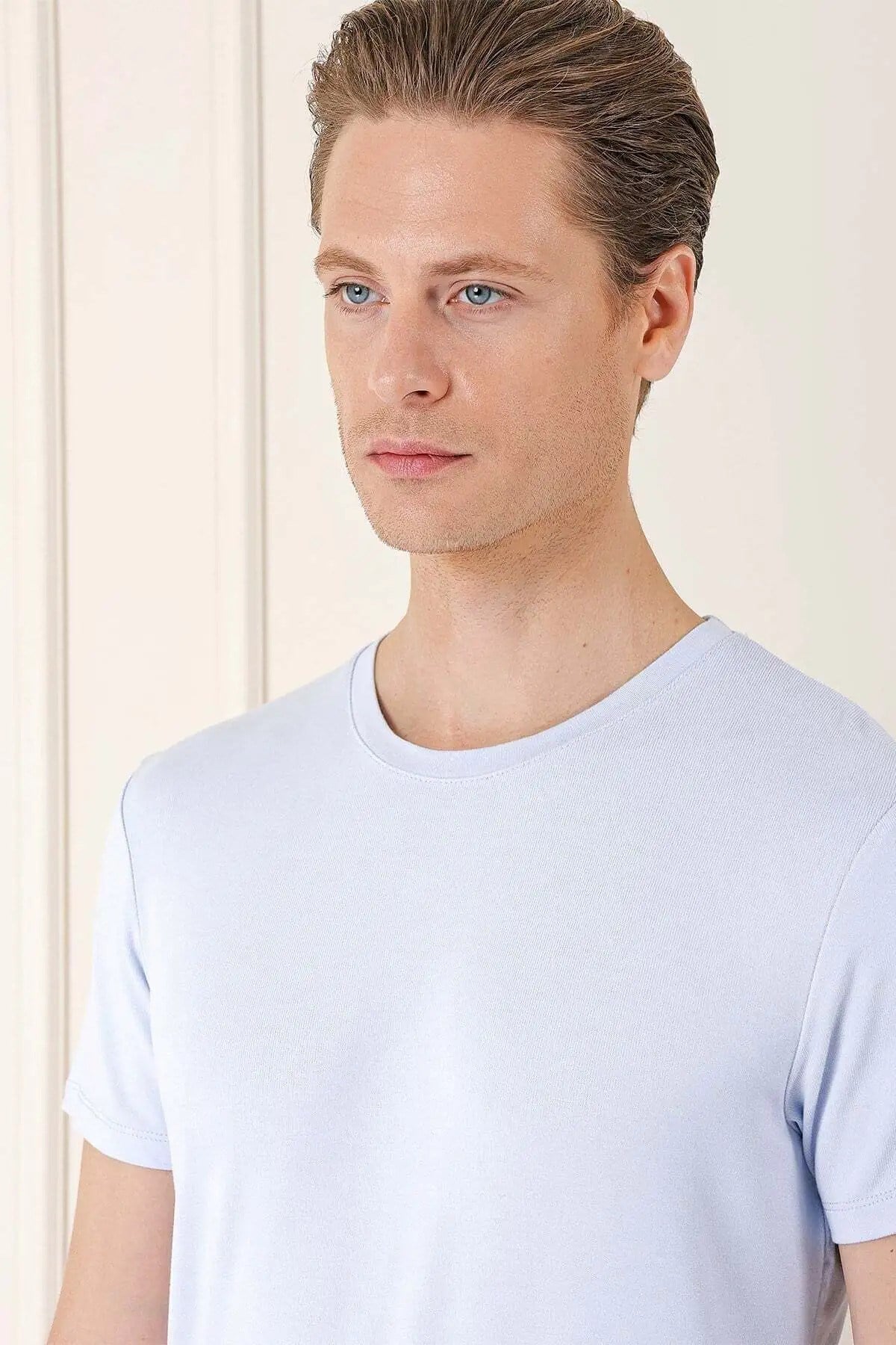 Slim Fit Bisiklet Yaka Esnek Pamuklu Düz Buz Mavi Tişört TS 823