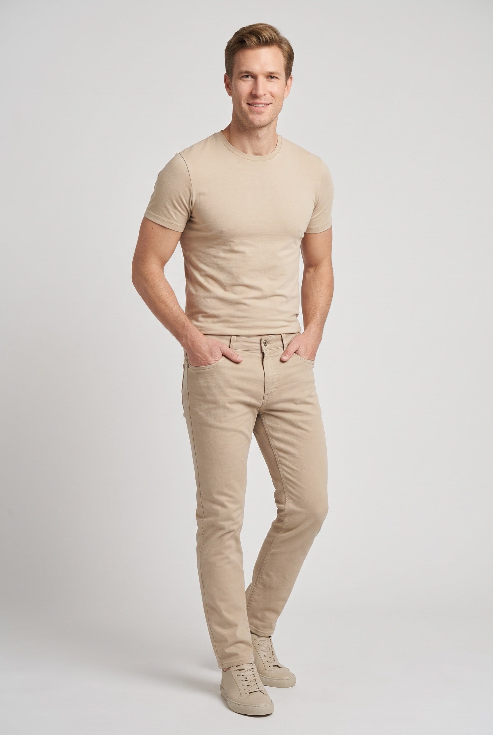 Slim Fit Bisiklet Yaka Esnek Pamuklu Düz Bej Tişört TS 823