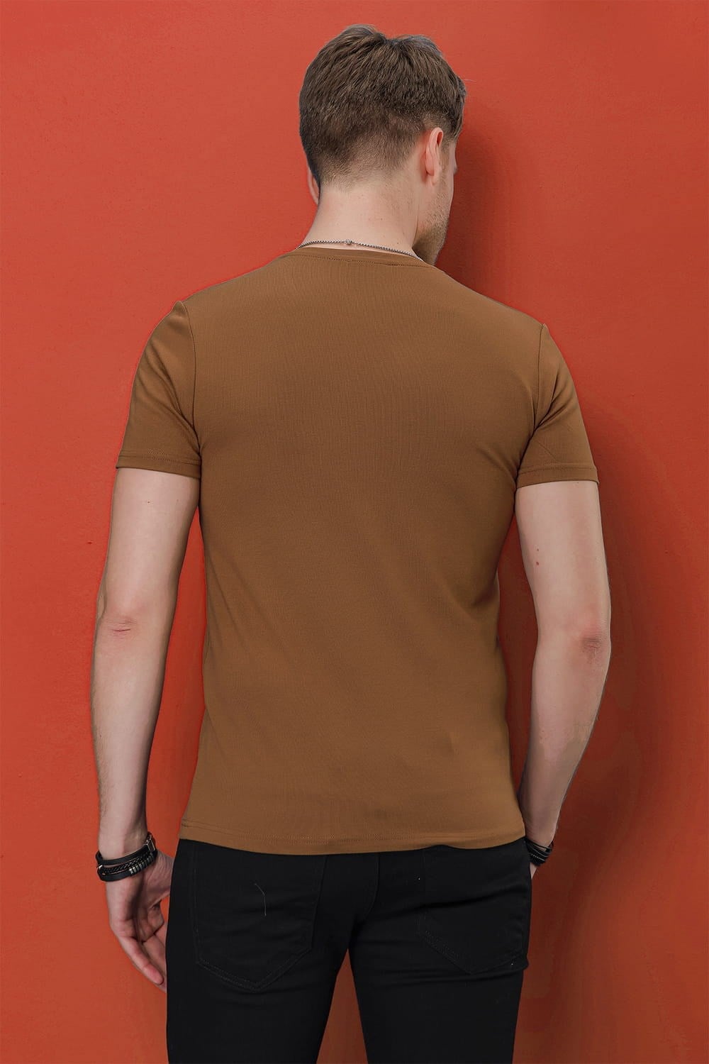 Slim Fit Bisiklet Yaka Esnek Pamuklu Düz Tarçın Tişört TS 823