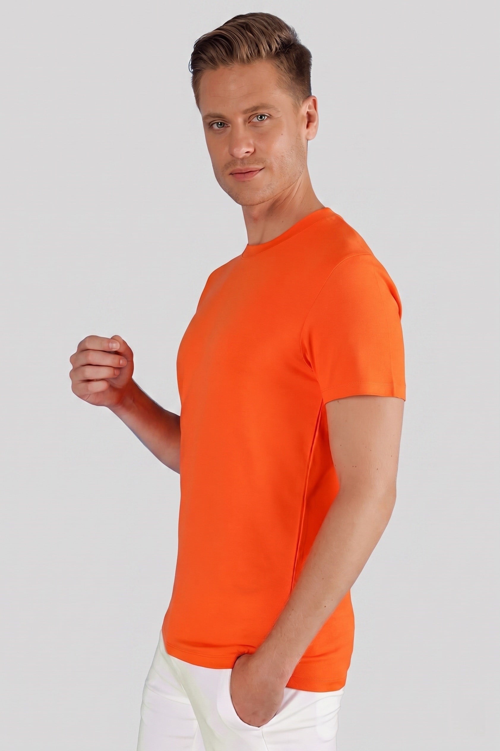 Slim Fit Bisiklet Yaka Esnek Pamuklu Düz Oranj Tişört TS 823