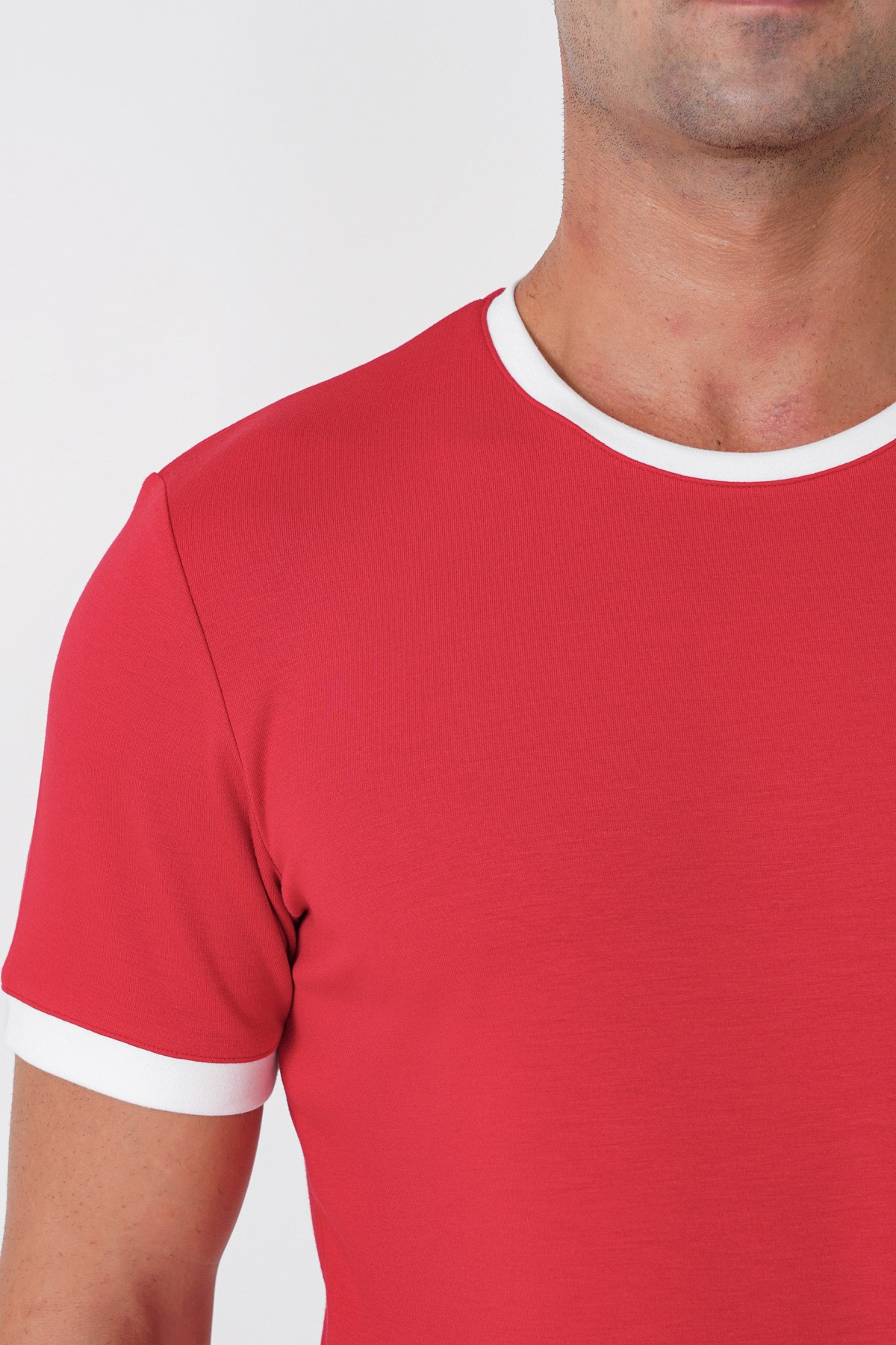 Slim Fit Bisiklet Yaka Kırmızı-Ekru Tişört TS 932