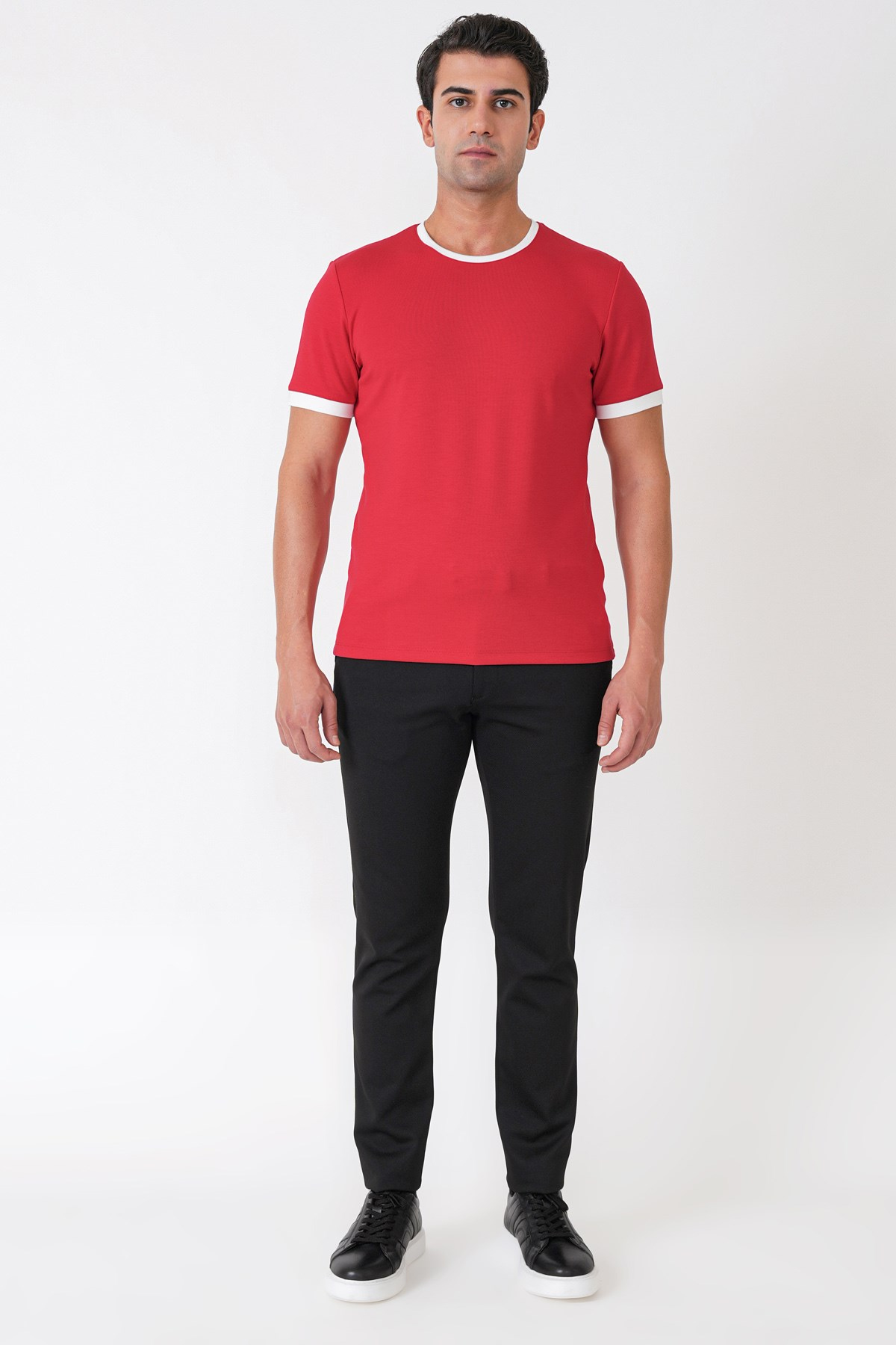 Slim Fit Bisiklet Yaka Kırmızı-Ekru Tişört TS 932
