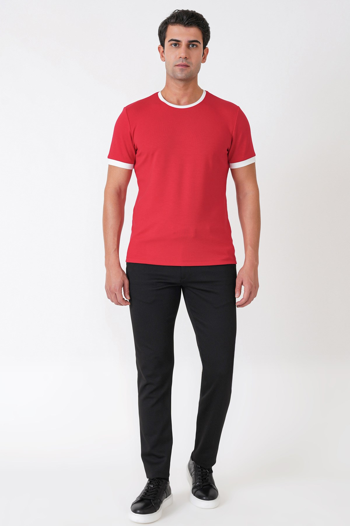 Slim Fit Bisiklet Yaka Kırmızı-Ekru Tişört TS 932