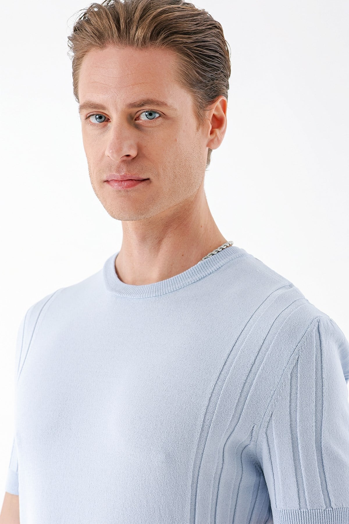 Slim Fit Bisiklet Yaka Kısa Kol Mavi Triko Tr 869