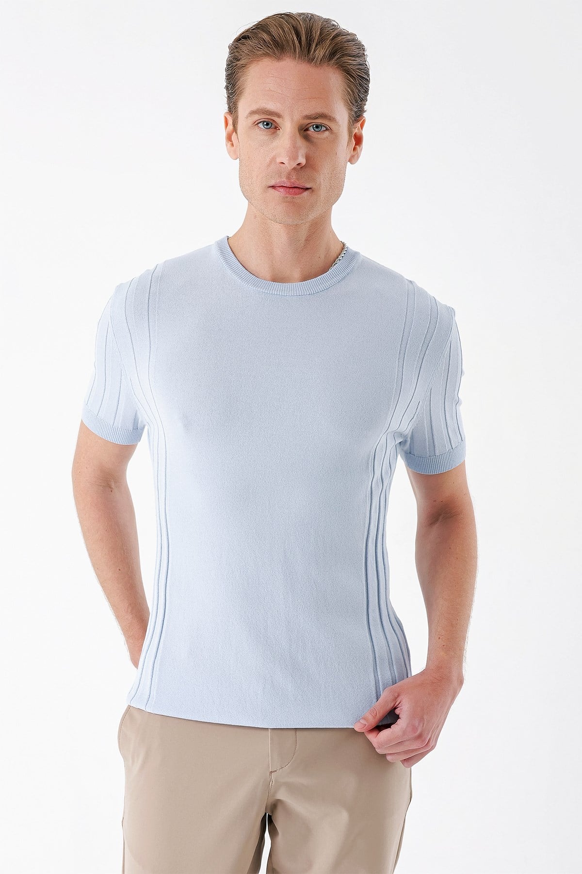 Slim Fit Bisiklet Yaka Kısa Kol Mavi Triko Tr 869
