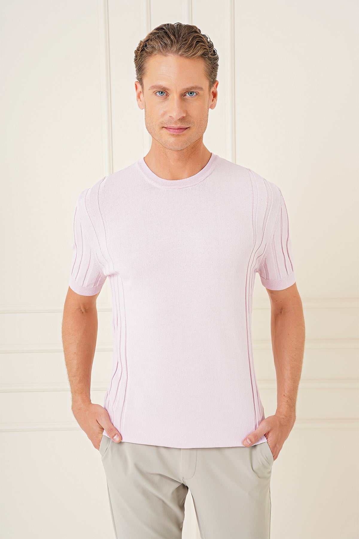 Slim Fit Bisiklet Yaka Kısa Kol Pembe Triko Tr 869
